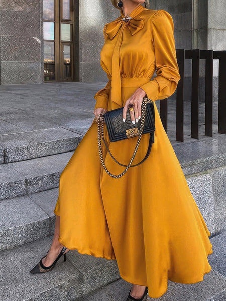 Women's Satin Pussy-Bow Long Sleeve Midi Dress in Ochre