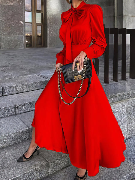 Women's Satin Pussy-Bow Long Sleeve Midi Dress in Ochre