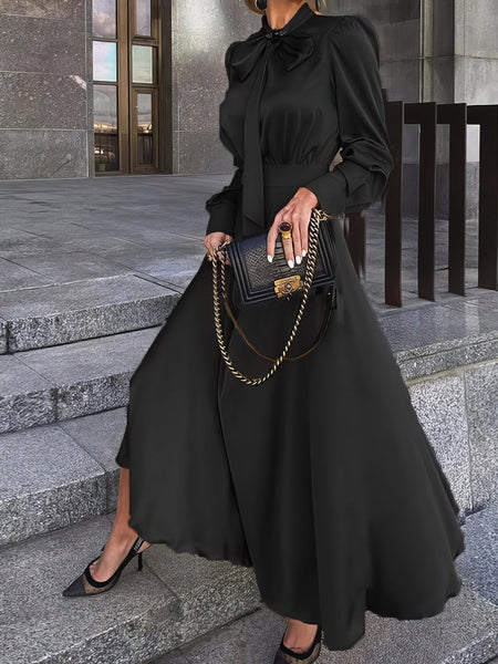 Women's Satin Pussy-Bow Long Sleeve Midi Dress in Ochre