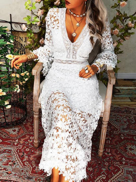 Women's Floral Crochet Lace V-Neck Midi Dress with Bell Sleeves