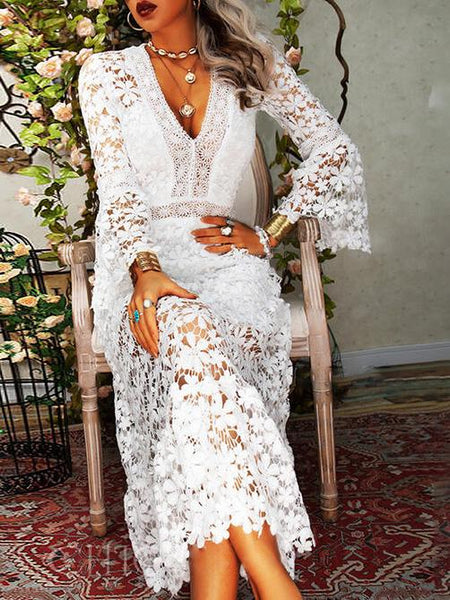 Women's Floral Crochet Lace V-Neck Midi Dress with Bell Sleeves
