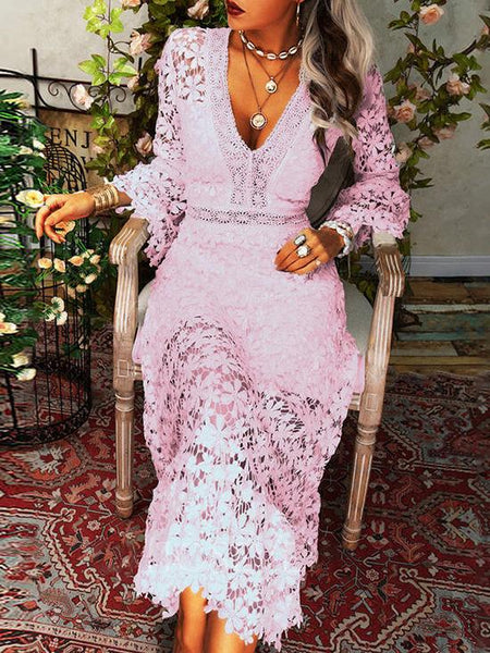 Women's Floral Crochet Lace V-Neck Midi Dress with Bell Sleeves