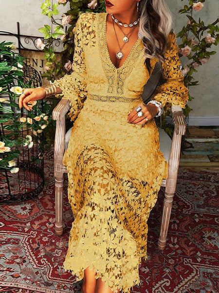 Women's Floral Crochet Lace V-Neck Midi Dress with Bell Sleeves