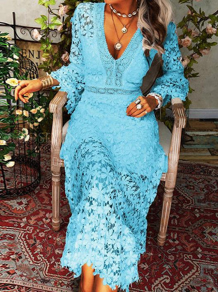 Women's Floral Crochet Lace V-Neck Midi Dress with Bell Sleeves