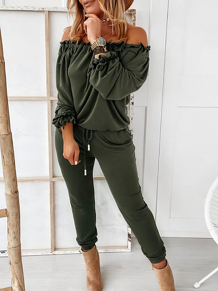 Elegant Off-shoulder Long Sleeve Jumpsuit with Drawstring Frill Hem with practical styling and dependable silhouette control.