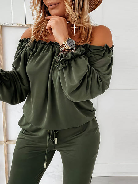 Elegant Off-shoulder Long Sleeve Jumpsuit with Drawstring Frill Hem with practical styling and dependable silhouette control.