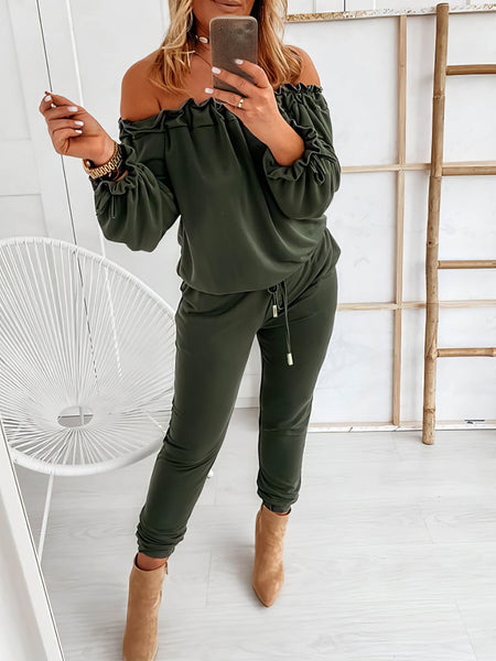 Elegant Off-shoulder Long Sleeve Jumpsuit with Drawstring Frill Hem with practical styling and dependable silhouette control.