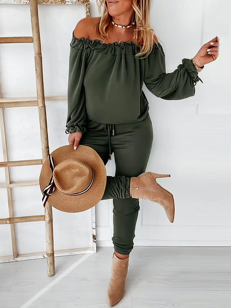 Elegant Off-shoulder Long Sleeve Jumpsuit with Drawstring Frill Hem with practical styling and dependable silhouette control.