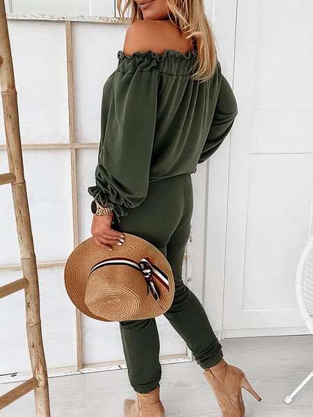 Elegant Off-shoulder Long Sleeve Jumpsuit with Drawstring Frill Hem with practical styling and dependable silhouette control.