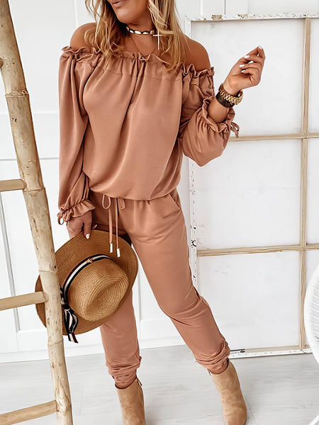 Elegant Off-shoulder Long Sleeve Jumpsuit with Drawstring Frill Hem with practical styling and dependable silhouette control.