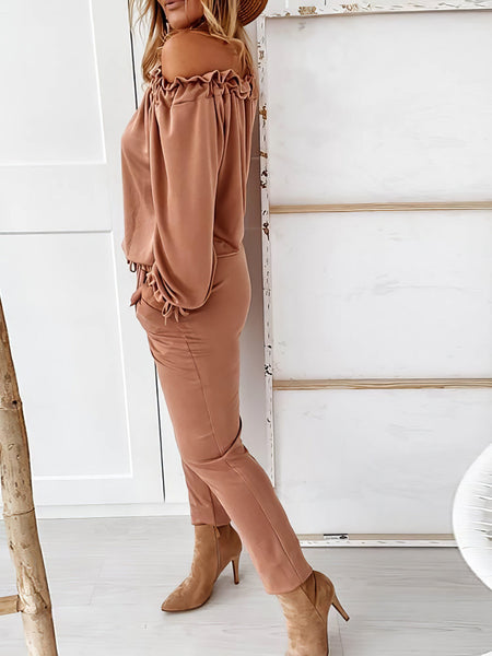 Elegant Off-shoulder Long Sleeve Jumpsuit with Drawstring Frill Hem with practical styling and dependable silhouette control.
