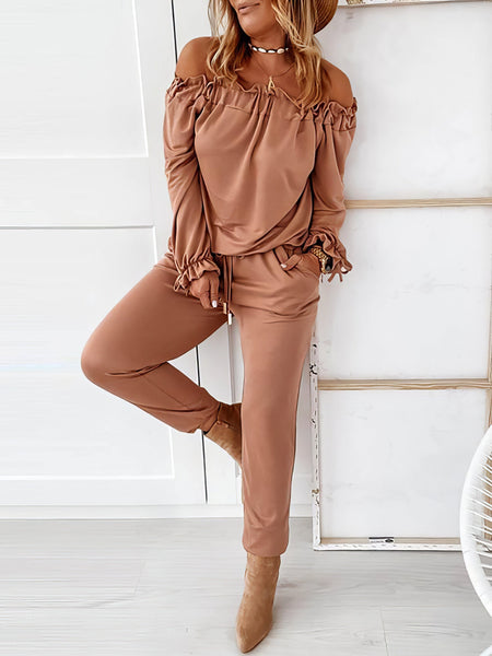 Elegant Off-shoulder Long Sleeve Jumpsuit with Drawstring Frill Hem with practical styling and dependable silhouette control.