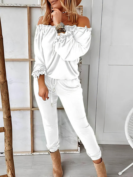 Elegant Off-shoulder Long Sleeve Jumpsuit with Drawstring Frill Hem with practical styling and dependable silhouette control.