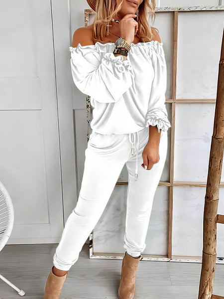 Elegant Off-shoulder Long Sleeve Jumpsuit with Drawstring Frill Hem with practical styling and dependable silhouette control.