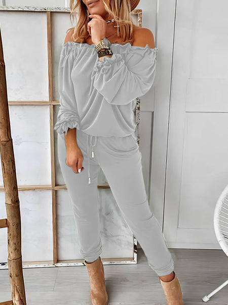 Elegant Off-shoulder Long Sleeve Jumpsuit with Drawstring Frill Hem with practical styling and dependable silhouette control.