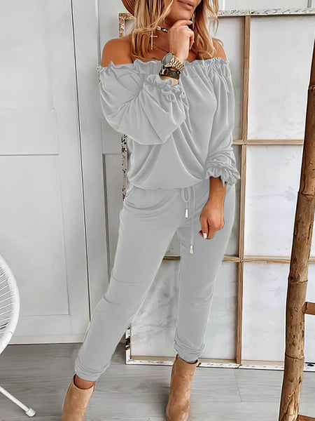 Elegant Off-shoulder Long Sleeve Jumpsuit with Drawstring Frill Hem with practical styling and dependable silhouette control.