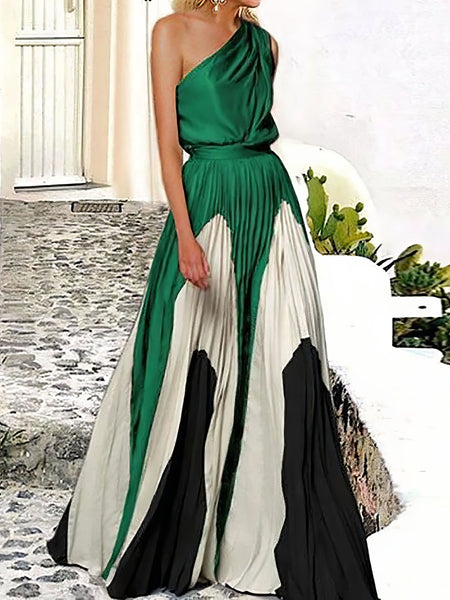 Women's Elegant One Shoulder Colorblock A Line Prom Dress