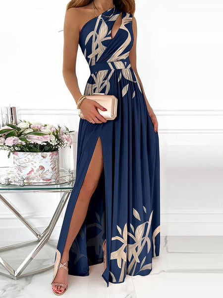 Elegant One-Shoulder Slit Maxi Dress with Intricate Print