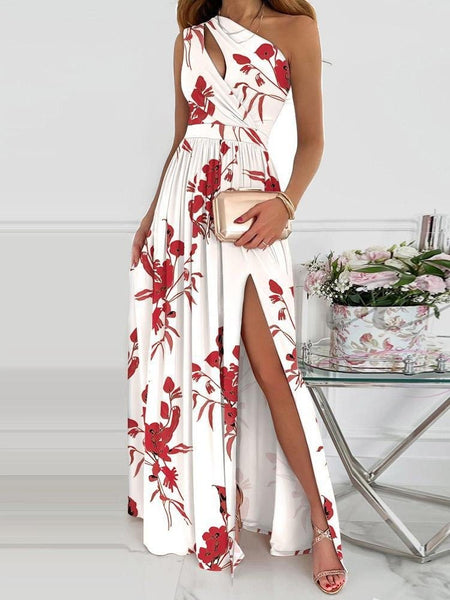 Elegant One-Shoulder Slit Maxi Dress with Intricate Print
