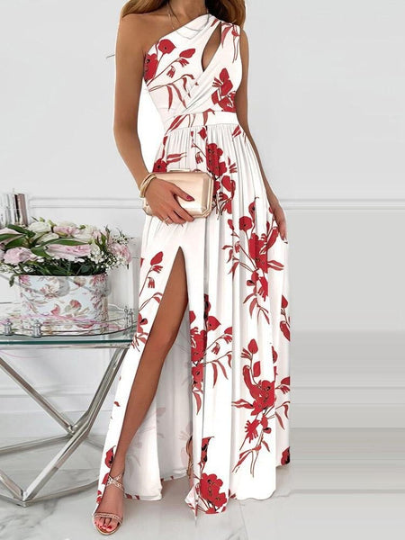Elegant One-Shoulder Slit Maxi Dress with Intricate Print