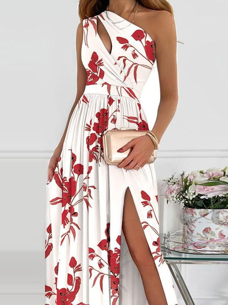 Elegant One-Shoulder Slit Maxi Dress with Intricate Print