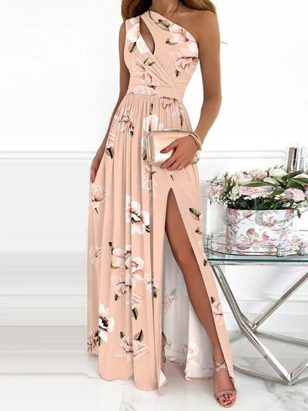 Elegant One-Shoulder Slit Maxi Dress with Intricate Print