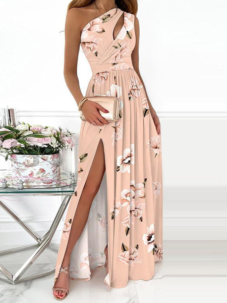 Elegant One-Shoulder Slit Maxi Dress with Intricate Print