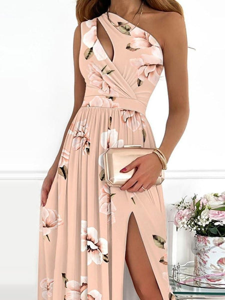Elegant One-Shoulder Slit Maxi Dress with Intricate Print