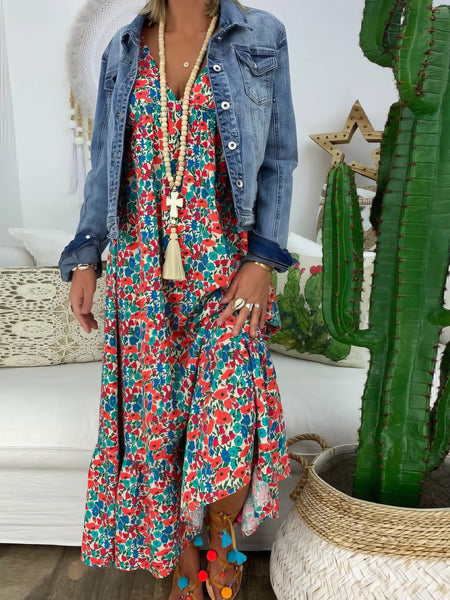 Elegant Printed V-Neck Maxi Dress with Adjustable Sling