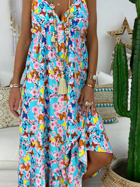 Elegant Printed V-Neck Maxi Dress with Adjustable Sling