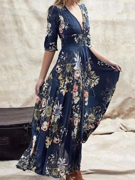 Elegant Printed V-neck Button Dress with Three-quarter Sleeves