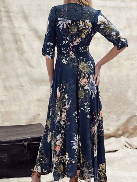 Elegant Printed V-neck Button Dress with Three-quarter Sleeves