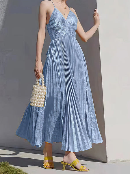 Elegant V-Neck Pleated Maxi Dress