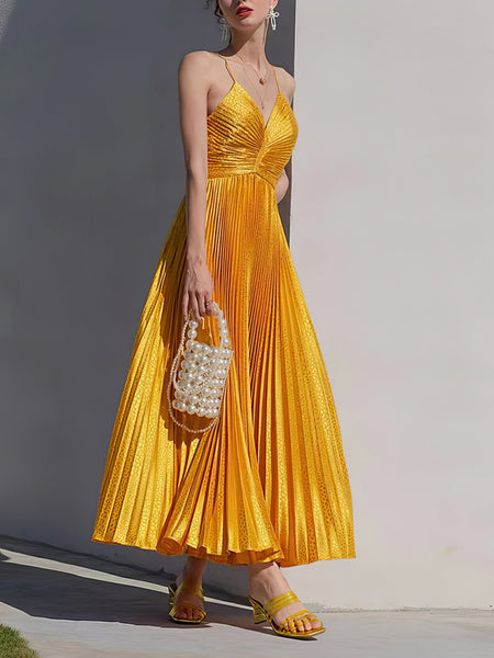Elegant V-Neck Pleated Maxi Dress
