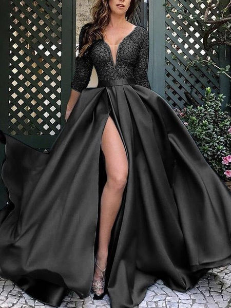 Women's Red Sequin V-Neck A-Line Gown with High Thigh Slit
