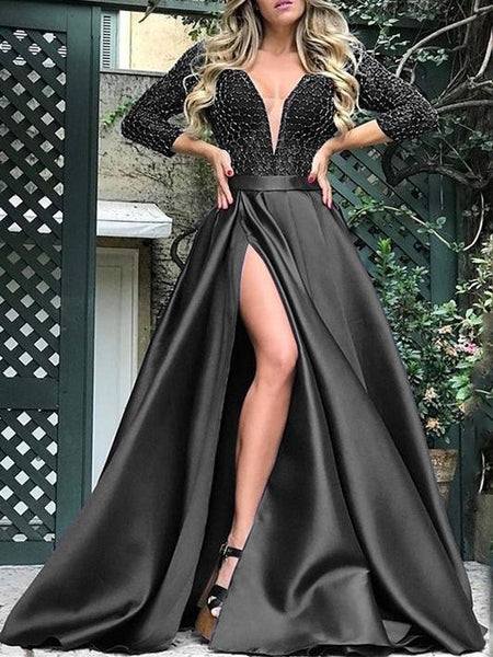 Women's Red Sequin V-Neck A-Line Gown with High Thigh Slit