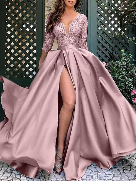 Women's Red Sequin V-Neck A-Line Gown with High Thigh Slit