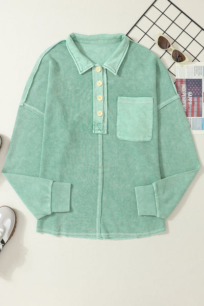 Simple Long Sleeve V-Neck Button Lapel Blouse