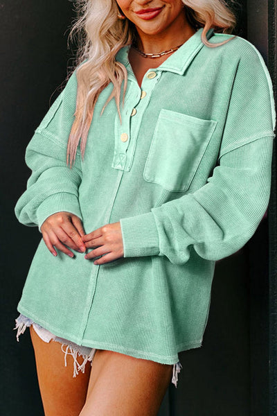 Simple Long Sleeve V-Neck Button Lapel Blouse