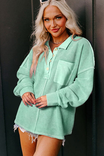 Simple Long Sleeve V-Neck Button Lapel Blouse