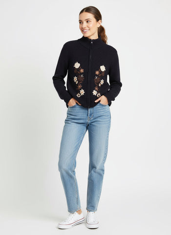 Vintage Black Floral Embroidered Zip Cardigan