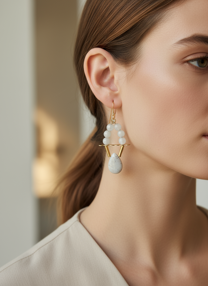 White Jade Agate Gold Dangle Earrings - Standout Boutique (Vancouver, BC)