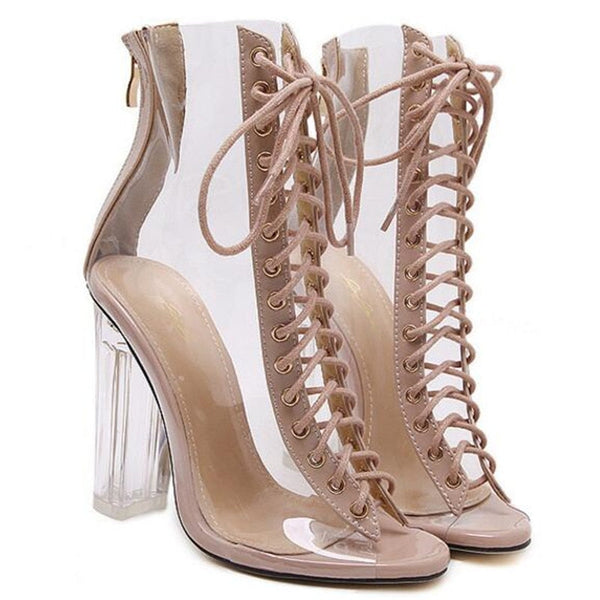 Lace Up Transparent Block Heels