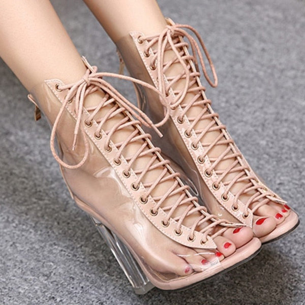Lace Up Transparent Block Heels