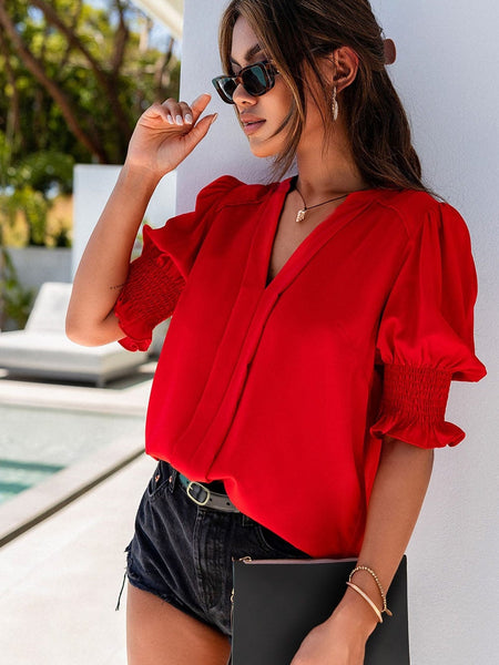 Fashionable Red Puff Sleeve Top with practical styling and dependable silhouette control.