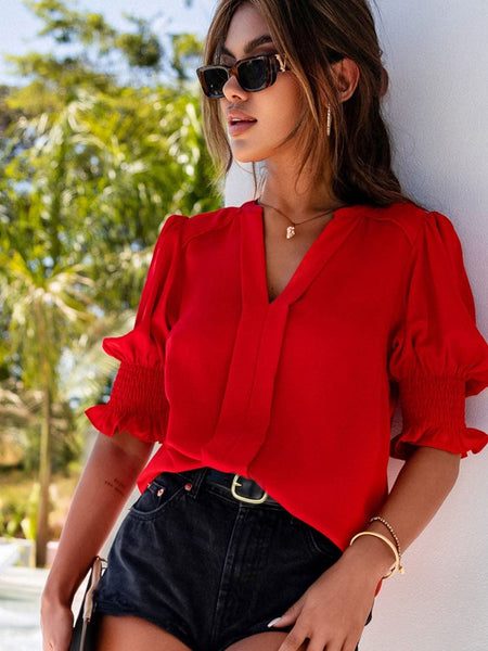 Fashionable Red Puff Sleeve Top with practical styling and dependable silhouette control.