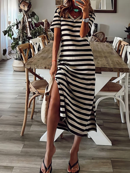 Fashionable V-Neck Striped Short Sleeve Dress with Side Slit