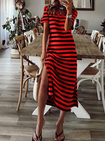 Fashionable V-Neck Striped Short Sleeve Dress with Side Slit