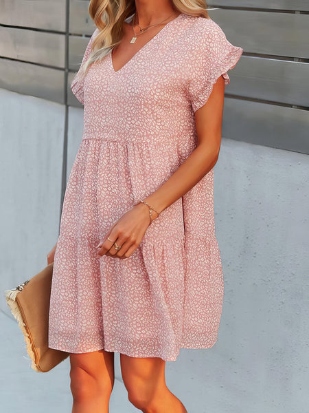 Flowy V-Neck Short Sleeve Dress with Printed Design