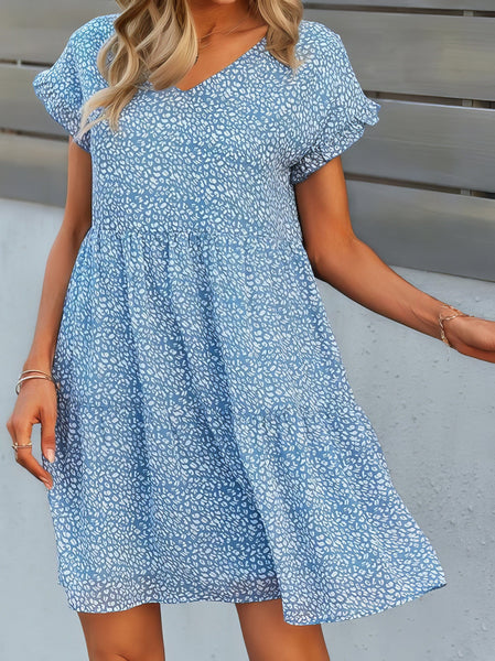 Flowy V-Neck Short Sleeve Dress with Printed Design